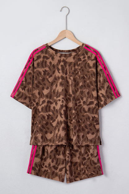 Brown Contrast Striped Accent Leopard Short Set