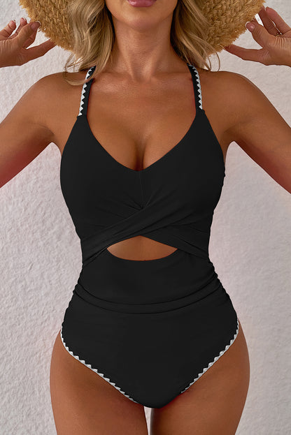 Rose Red Ric Rac Trim Contrasted Patchwork Cutout One Piece Swimsuit